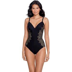 Mirclesuit Floral One-Piece Swimsuit Black & Gold Accents Size 8 - New With Tag